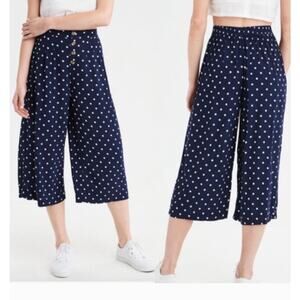 American Eagle Navy Blue Polka Dot Culotte Pants Womens Small Nautical Packable
